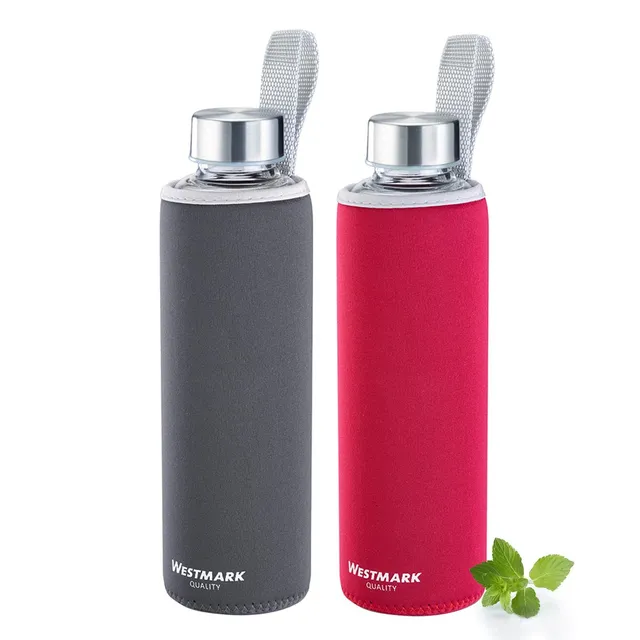 westmark-viva-527222e8-lot-de-2-bouteilles-d-eau-en-verre-550-ml-avec-housse-de- image 1