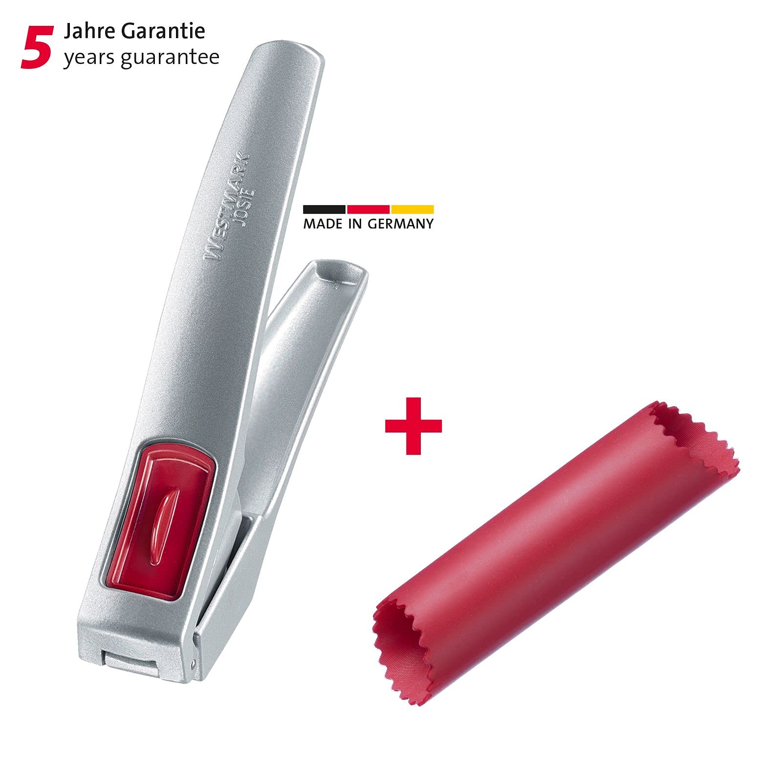 westmark-josie-presse-ail-en-silicone-avec-plucheur-d-ail-peel-fix-gris-rouge-30 image 2